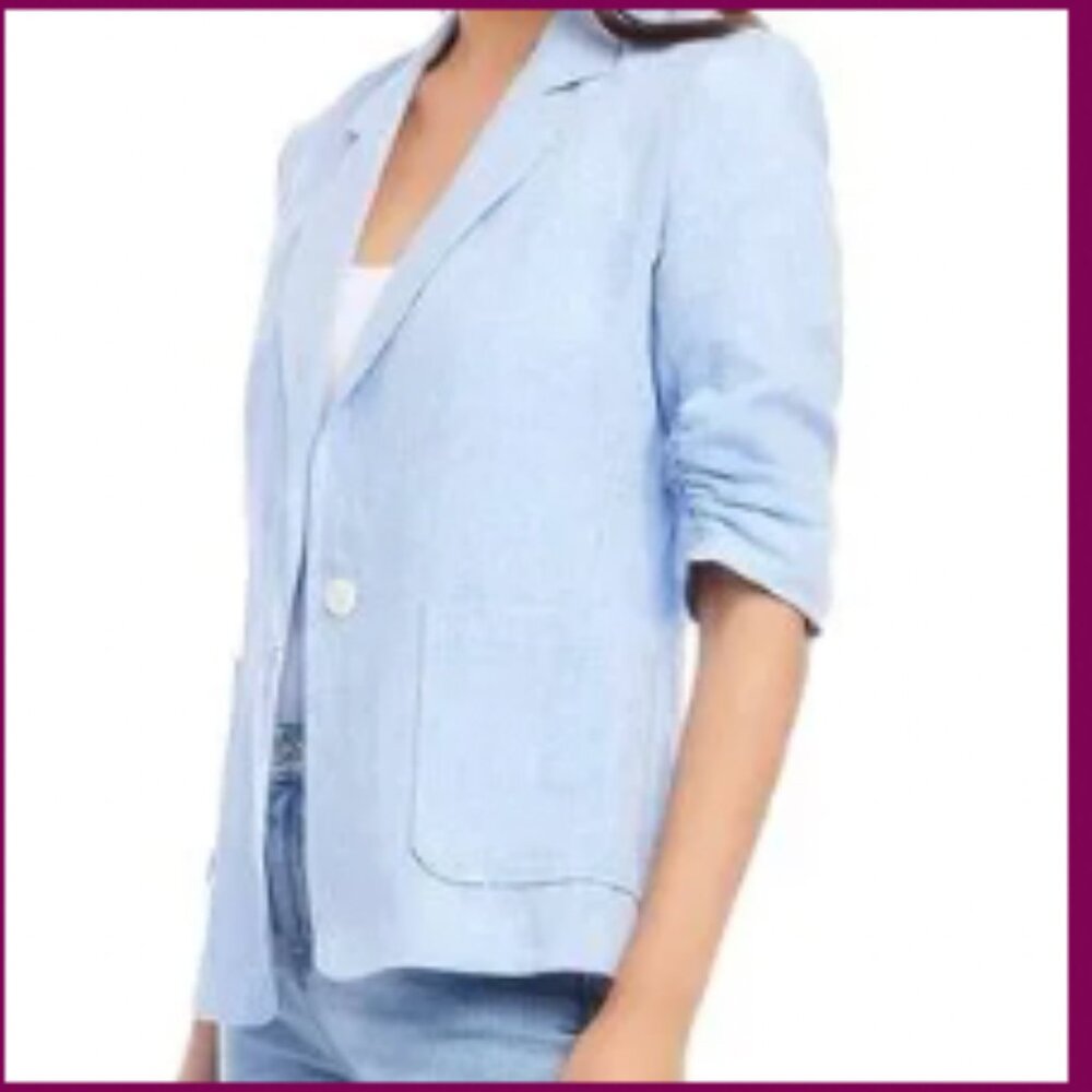 NWT Karen Kane Ruched Sleeve Linen blazer, blue, size XS